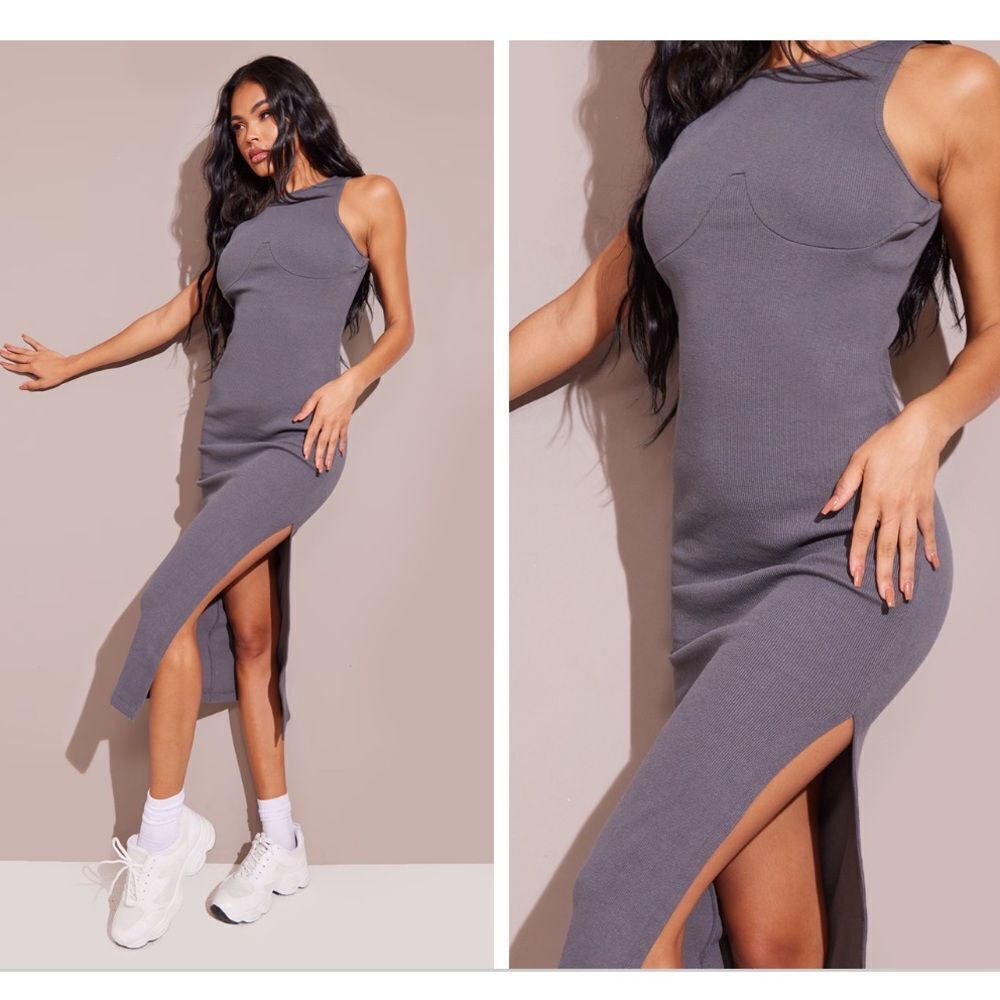 Pretty Little Thing Charcoal Cup Detail Racer Split Midi Dress